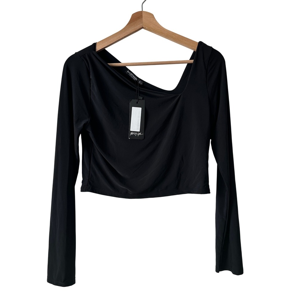 Nasty Gal Black Asymmetric Neckline Long Sleeve Crop Top Size 10 NEW